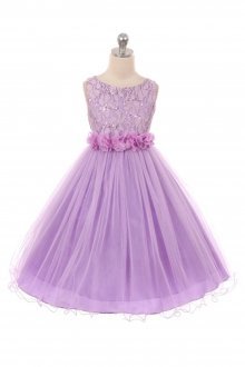 Lilac Sleeveless Shiny Tulle Flower Girls Dress with Floral Waist sash